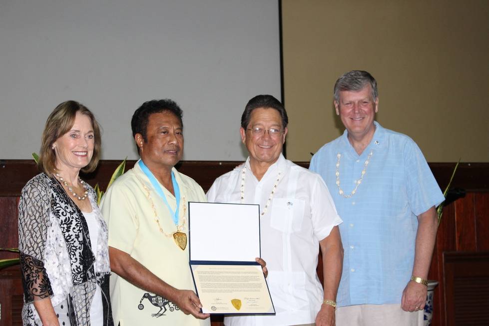 Tommy E. Remengesau Jr., 79, (second from left) is pictured with Donna and Jim Brooks, and President Thomas J. Haas.